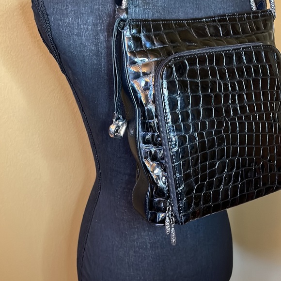 BRIGHTON black patent leather embossed Croc Sonny shoulder bag with organizer - Picture 2 of 16